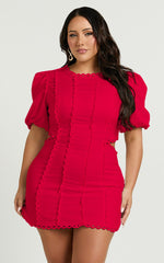 Laila Mini Linen Blend Dress - High Neck Side Cut Out Puff Sleeve Straight Dress in Red