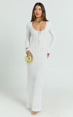 Laine Maxi Dress - Sequin Lace Wide Scoop Neck Long Sleeve Column Dress in White