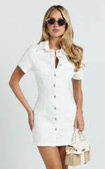 Laine Mini Dress - Button Down Denim Shirt Dress in White