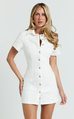Laine Mini Dress - Button Down Denim Shirt Dress in White