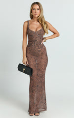 Laney Maxi Dress - Mesh Sweetheart Neck Bodycon Dress in Leopard Print
