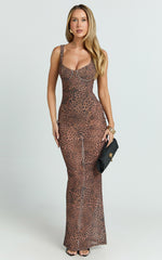 Laney Maxi Dress - Mesh Sweetheart Neck Bodycon Dress in Leopard Print