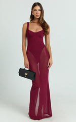 Laney Maxi Dress - Mesh Sweetheart Neck Bodycon Dress in Wine