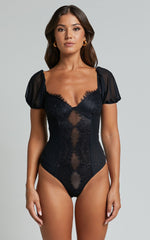 Lara Bodysuit - Lace Detail Sweetheart Short Sleeve Bodysuit in Black