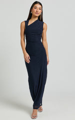 Lara Midi Dress - Asymmetrical Ruched Mesh Dress in Ink