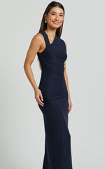 Lara Midi Dress - Asymmetrical Ruched Mesh Dress in Ink