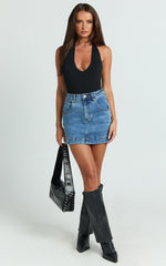 Lara Mini Skirt - High Waisted Denim Skirt in Dark Blue Wash