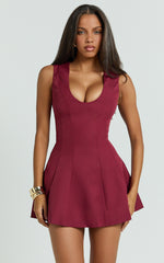 Larah Mini Dress - Low Scoop Neck A Line Dress in Cherry