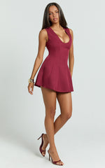 Larah Mini Dress - Low Scoop Neck A Line Dress in Cherry