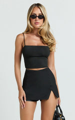 Larah Mini Skort - Mid Rise Leg Split Fitted Skort in Black