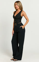 Larissa Trousers - Linen Mid Waisted Relaxed Straight Leg Trousers in Black