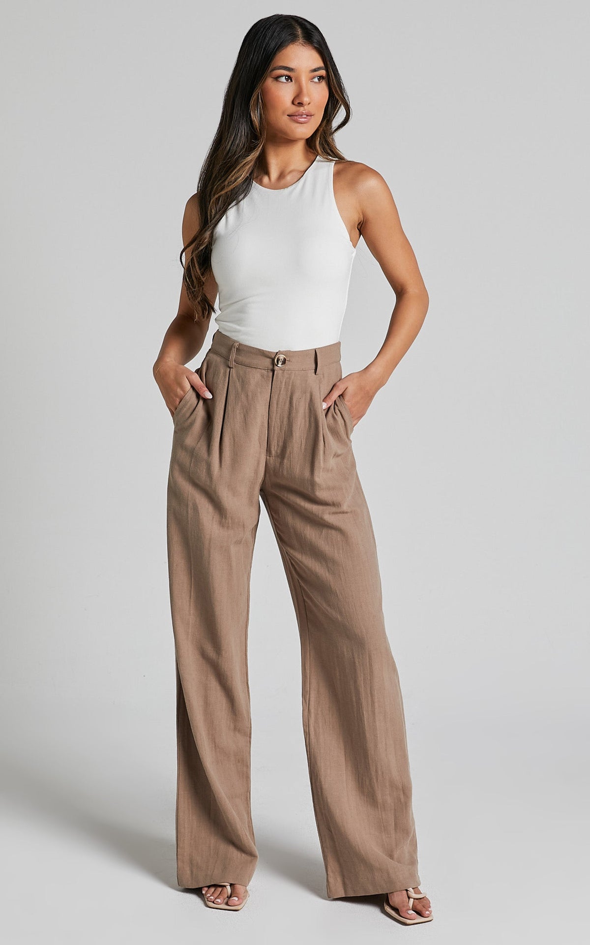 Larissa Trousers - Linen Mid Waisted Relaxed Straight Leg Trousers in Mushroom