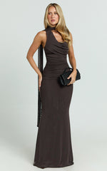 Larson Maxi Dress - Asymmetric Tie Neck Column Dress in Chocolate