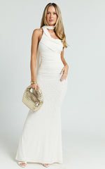 Larson Maxi Dress - Asymmetric Tie Neck Column Dress in Cream