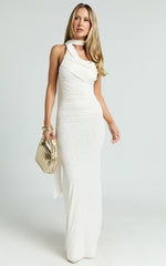 Larson Maxi Dress - Asymmetric Tie Neck Column Dress in Cream