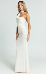 Larson Maxi Dress - Asymmetric Tie Neck Column Dress in Cream