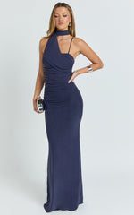 Larson Maxi Dress - Asymmetric Tie Neck Column Dress in Ink