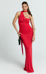 Larson Maxi Dress - Asymmetric Tie Neck Column Dress in Red