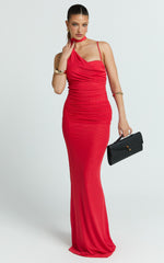 Larson Maxi Dress - Asymmetric Tie Neck Column Dress in Red