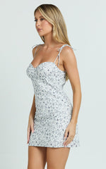 Larson Mini Dress - Tie Strap Ruched Bust Dress in White/Blue