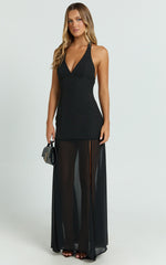 Lauren Maxi Dress - Plunge Halterneck High Split Dress in Black