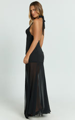 Lauren Maxi Dress - Plunge Halterneck High Split Dress in Black