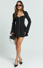 Lausanne Mini Dress - Sweetheart Neck Long Sleeve Zip Front Tulip Dress in Black