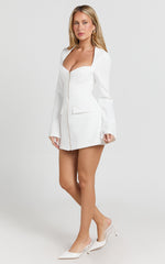Lausanne Mini Dress - Sweetheart Neck Long Sleeve Zip Front Tulip Dress in White