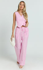 Layla Pants - Mid Waisted Relaxed Elastic Waist Pants in Pink Stripe