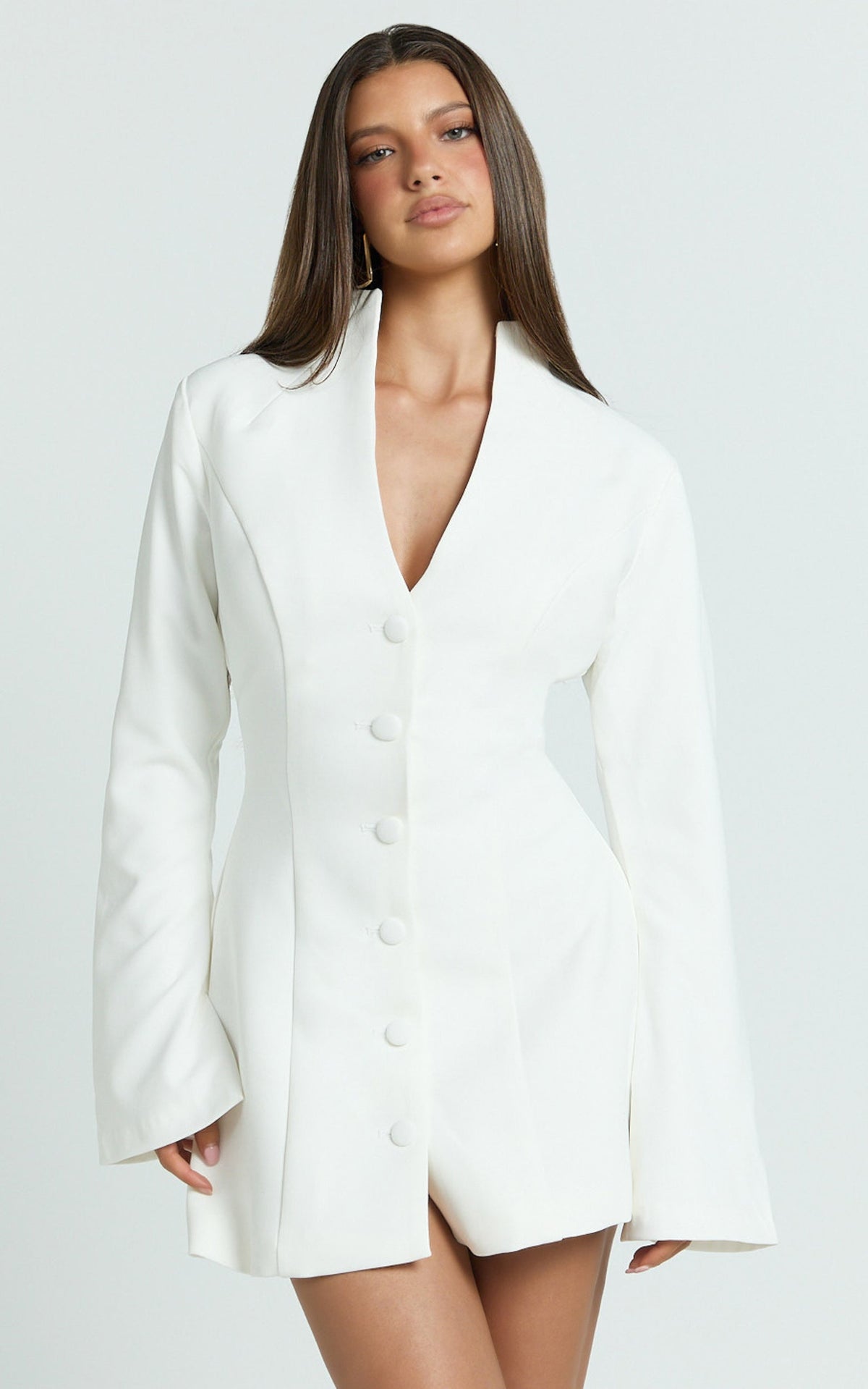 Layton Mini Dress - V Neck Long Sleeve Button Front Tulip Skirt Dress in White