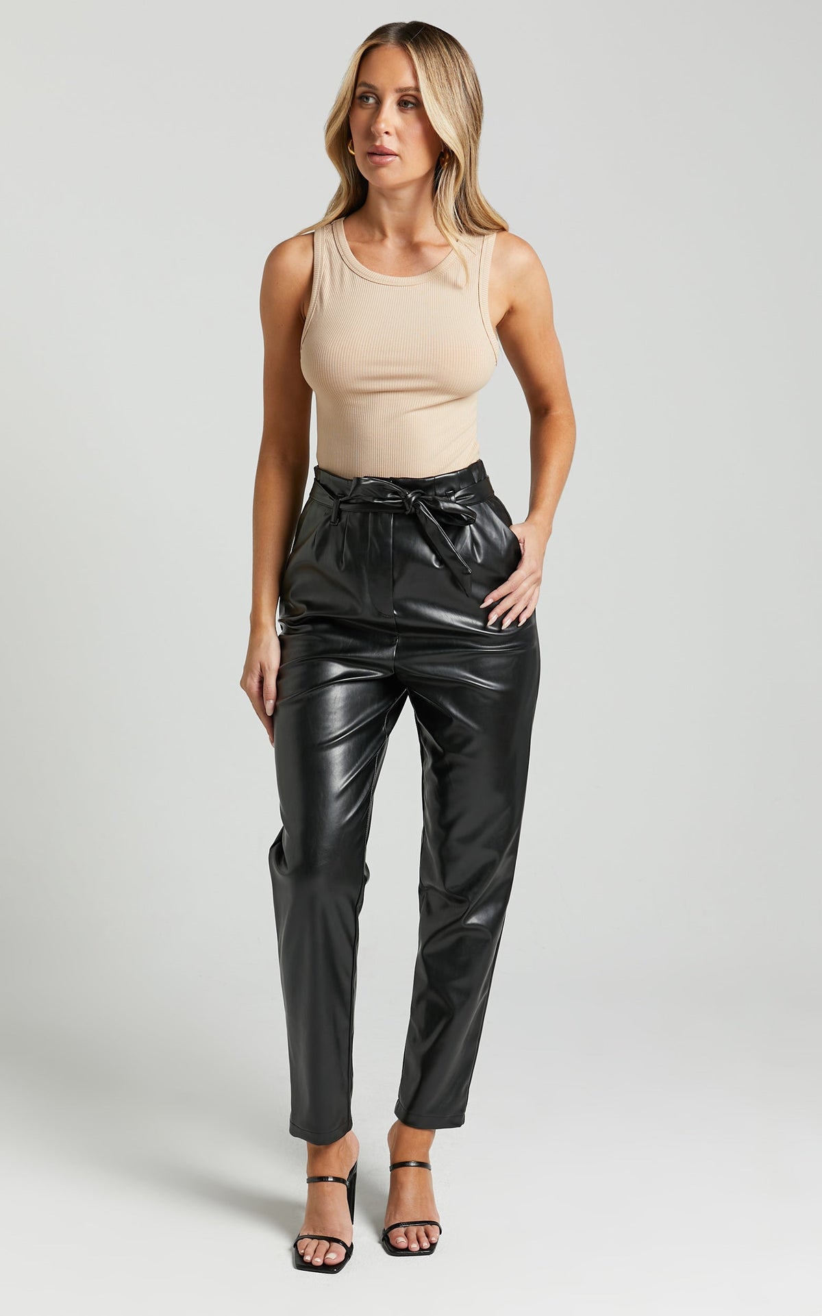 Layton Pants - Paper Bag Waist Faux Leather Pants in Black