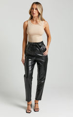 Layton Pants - Paper Bag Waist Faux Leather Pants in Black