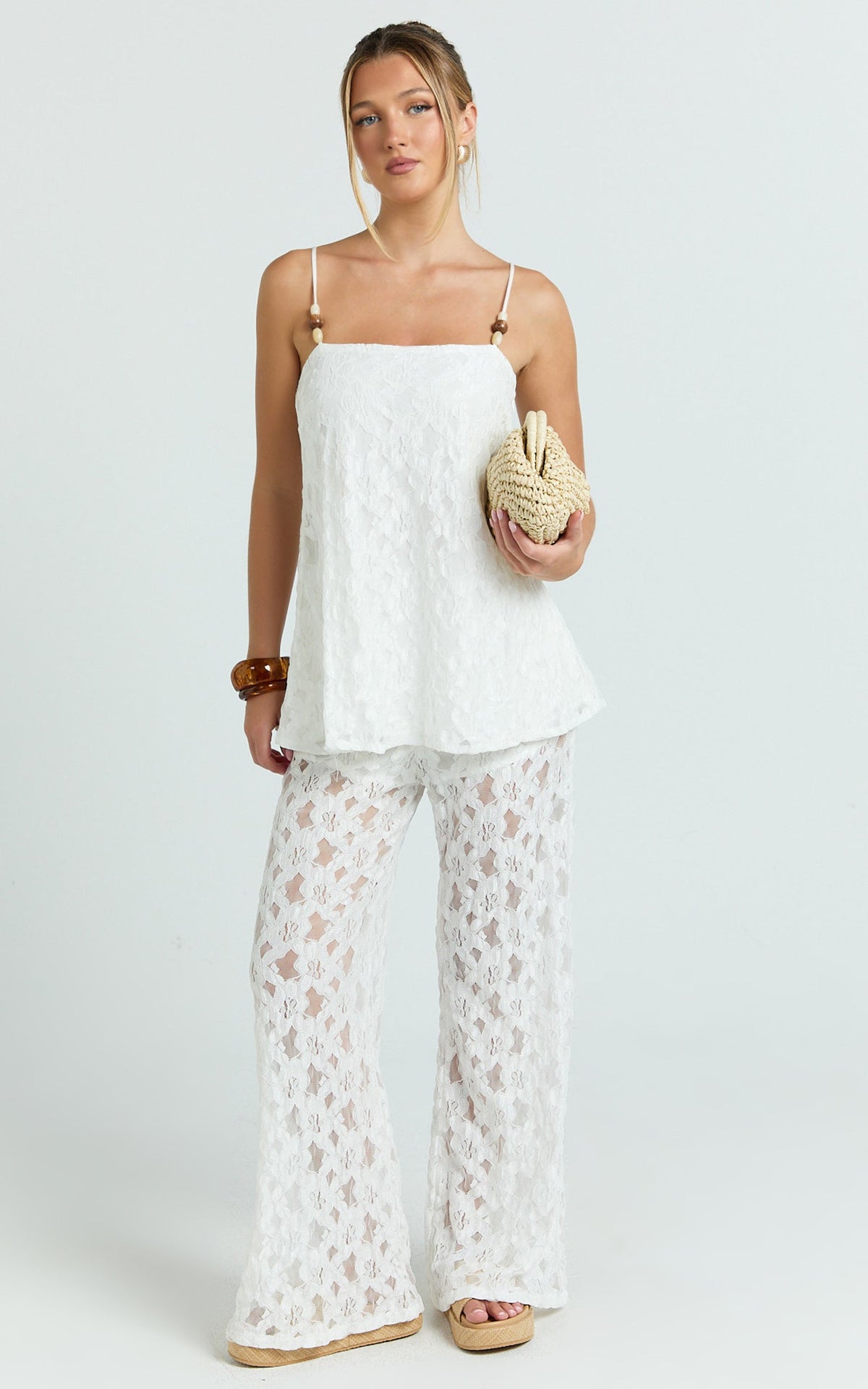 Leah Two Piece Set - Beaded Cami and Wide Leg Lace Pant Set in White