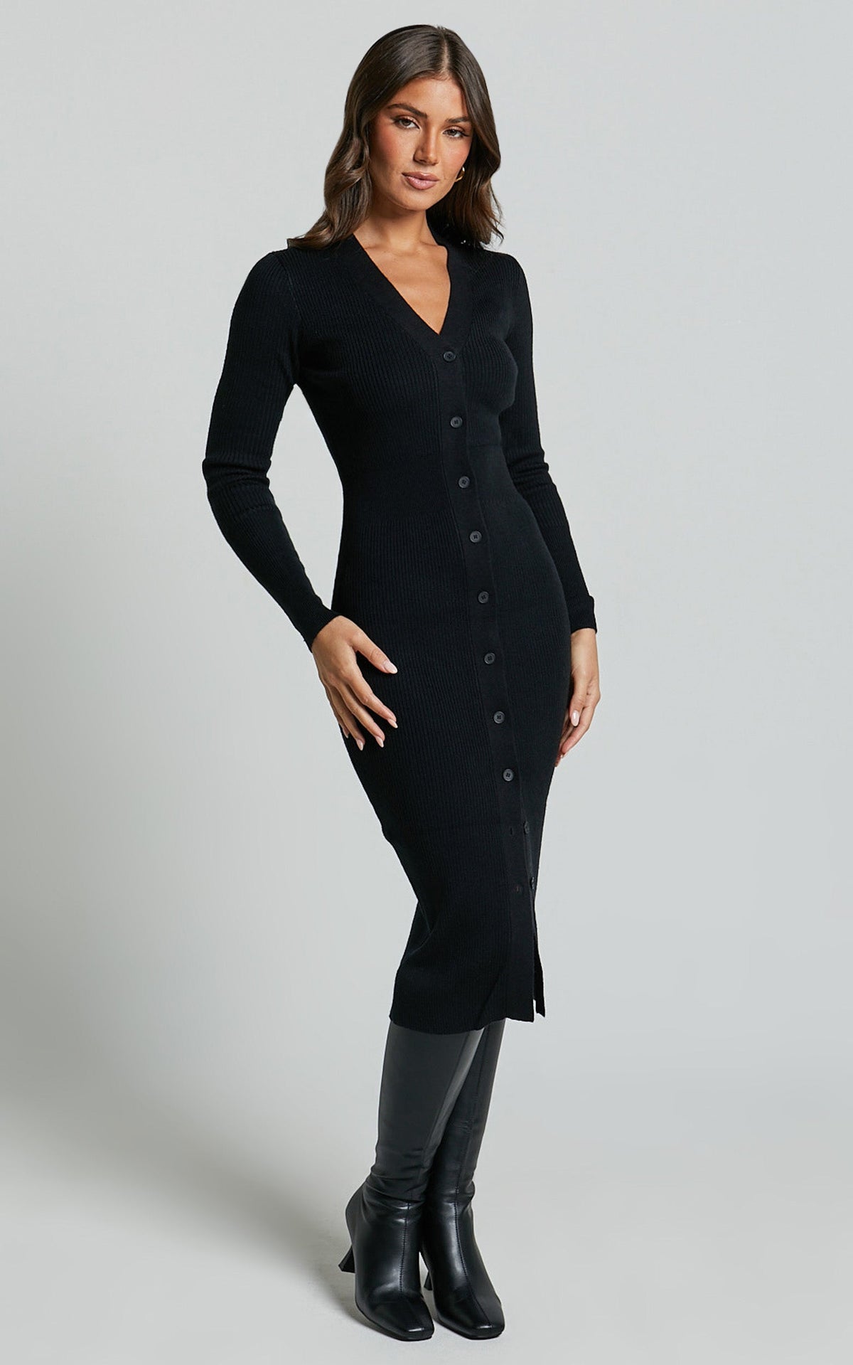 Leahanna Midi Dress - Button Front Knit Dress in Black