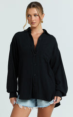 Leanne Top - Button Down Linen Blend Long Sleeve Shirt in Black
