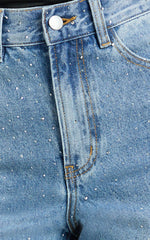 Leauna Jeans - Rhinestone Embellished High Waist Wide Leg Jeans in Mid Blue Wash