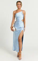 Leighton Maxi Dress - One Shoulder Ruched Thigh Split Slip Dress in Blue