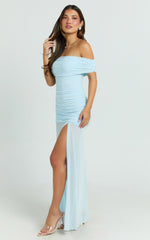 Leticia Maxi Dress - Mesh Off Shoulder Ruched High Split Dress in Blue