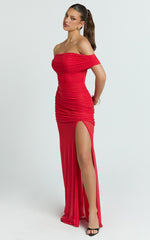Leticia Maxi Dress - Mesh Off Shoulder Ruched High Split Dress in Red