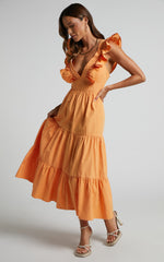 Levona Midi Dress - Ruffle Shoulder Tiered Dress in Orange