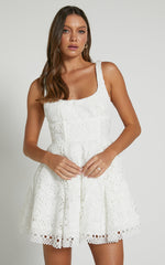 Lilia Mini Dress - Corset Scoop Neck Fit And Flare Dress in White