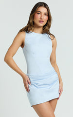 Lilith Mini Dress - High Neck Draped Skirt Dress in Pale Blue