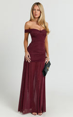 Lilliana Maxi Dress - Glitter Tulle Off Shoulder Tie Front Ruched High Split Dress in Wine