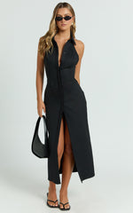 Lillibelle Midi Dress - Collared Button Down Bodycon Dress in Black