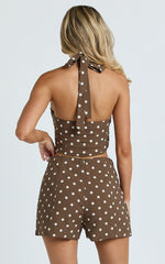 Lillie Two Piece Set - Halter Top And Matching Shorts Set in Chocolate Polka Dot