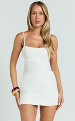 Lillith Mini Linen Blend Dress - Scoop Neck Tie Back Dress in Off White