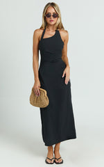 Lindley Midi Dress - Halter Neck Linen Look Dress in Black
