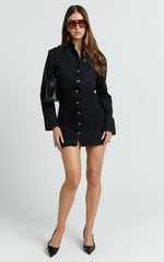 Lizzie Mini Dress - Long Sleeve Button Front Shirt Dress in Black