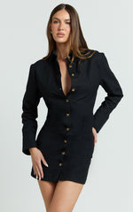 Lizzie Mini Dress - Long Sleeve Button Front Shirt Dress in Black