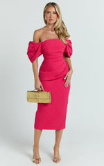 Lohan Midi Dress - Off Shoulder Puff Sleeve in Berry